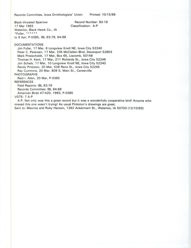 Records Committee review for a Black-throated Sparrow at Waterloo in Black Hawk County, IA on March 17, 1993. Includes a record review document with votes, a photograph, an article in American Birds, and seven documentation forms submitted to the committee.