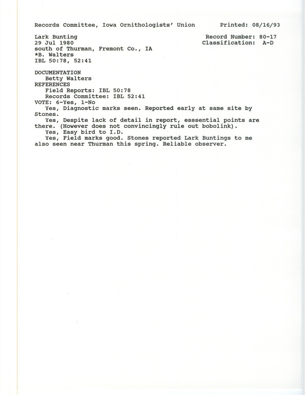 Records Committee review for four Lark Buntings south of Thurman in Fremont County, IA on July 29, 1980. Includes a record review document with votes and a documentation submitted to the committee.