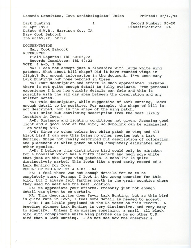 Records Committee review for a Lark Bunting at De Soto Bend National Wildlife Refuge in Harrison County, IA on April 28, 1990. Includes a record review document with votes and a documentation form submitted to the committee.