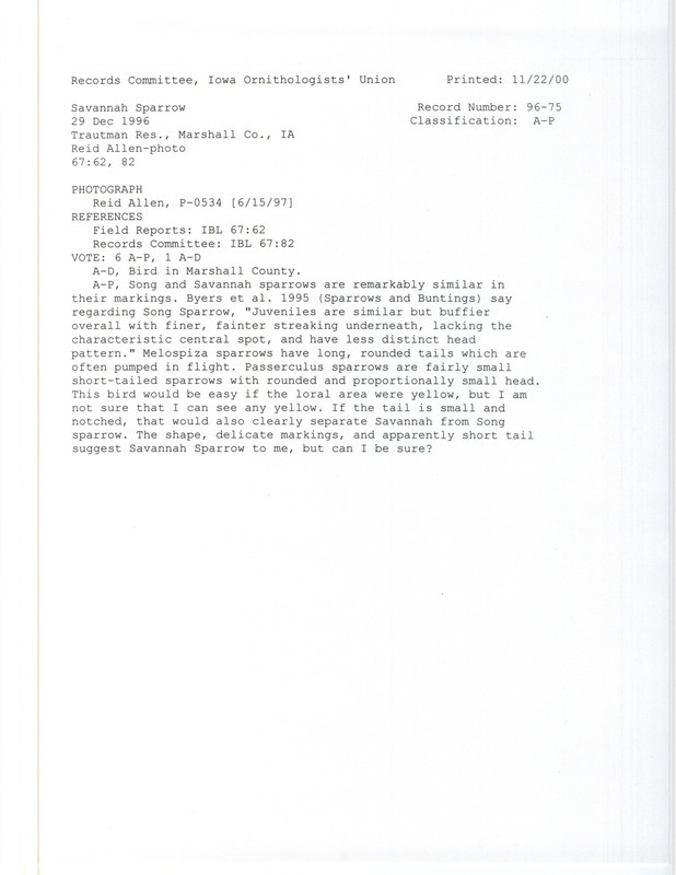 Records Committee review for a Savannah Sparrow at Marshall County, IA on December 29, 1996. Includes a record review document with votes and a photograph by Reid Allen.