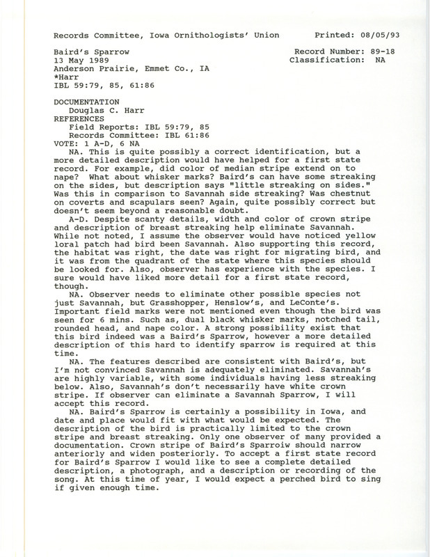 Records Committee review for a Baird's Sparrow at Anderson Prairie State Preserve at Emmet County, IA on May 13, 1989. Includes a record review document with votes and a documentation form submitted to the committee.