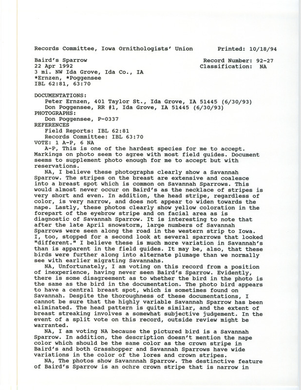 Records Committee review for a Baird's Sparrow northwest of Ida Grove in Ida County, IA on April 22, 1992. Includes a record review document with votes, two photographs, and two documentation forms submitted to the committee.