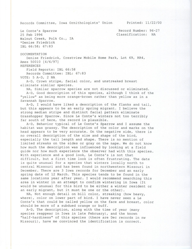 Records Committee review for a Le Conte's Sparrow at Walnut Creek National Wildlife Refuge in Jasper County, IA on February 25, 1996. Includes a record review document with votes and field notes submitted to the committee.