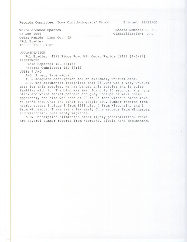 Records Committee review for a White-crowned Sparrow at Cedar Rapids in Linn County, IA on June 23, 1996. Includes a record review document with votes and a documentation form submitted to the committee.