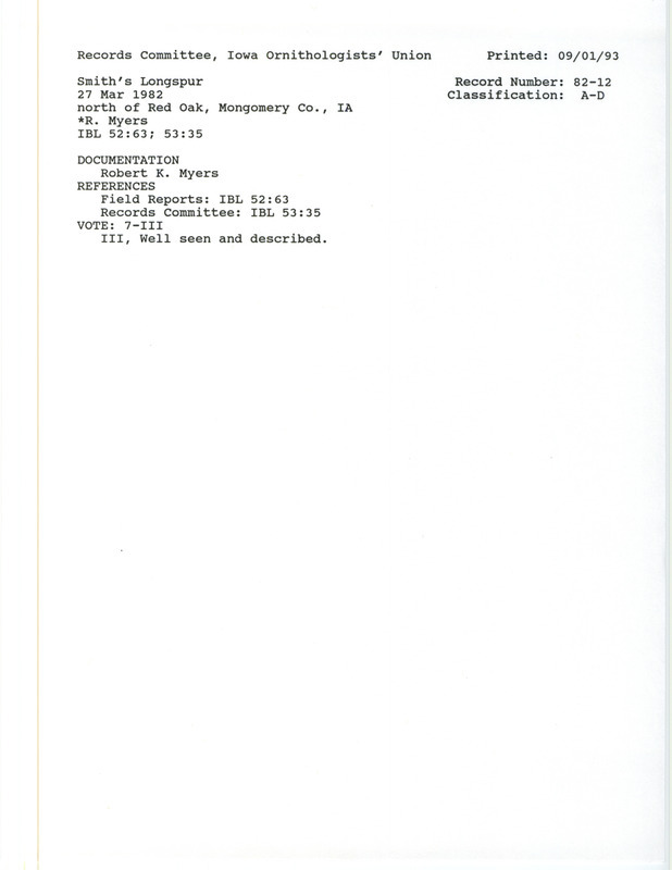 Records Committee review for six Smith's Longspur north of Red Oak in Montgomery County, IA on March 21, 1982. Includes a record review document with votes, a summary of review, and a documentation form submitted to the committee.