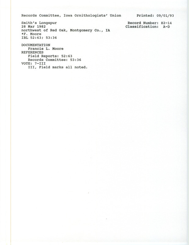 Records Committee review for seven Smith's Longspurs northwest of Red Oak in Montgomery County, IA on March 28, 1982. Includes a record review document with votes, a summary of the review, and a documentation form submitted to the committee.