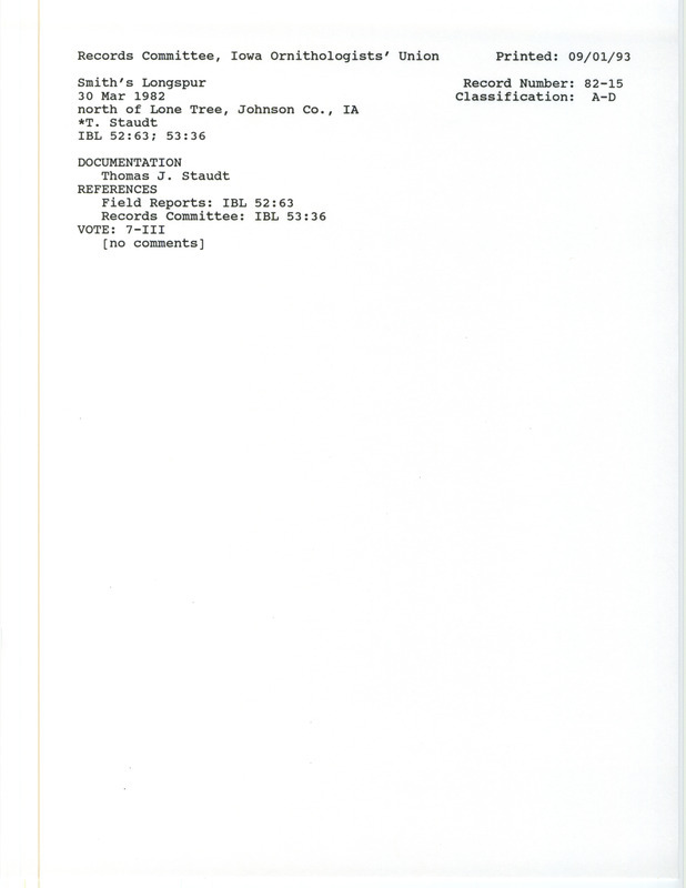 Records Committee review for around two hundred Smith's Longspurs north of Lone Tree in Johnson County, IA on March 30, 1982. Includes a record review document with votes, a summary of the review, and a documentation form submitted to the committee.