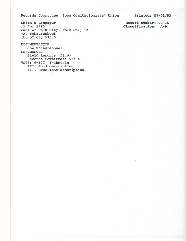 Records Committee review for a Smith's Longspur east of Polk City in Polk County, IA on April 1, 1982. Includes a record review document with votes, a summary of the review, and a documentation form submitted to the committee.