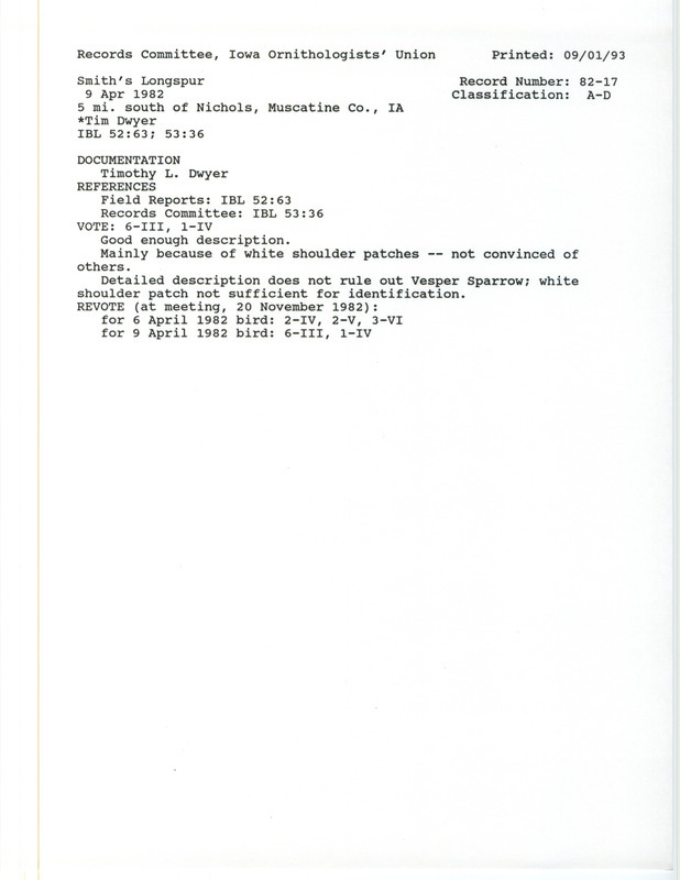 Records Committee review for around sixteen Smith's Longspurs southwest of Nichols in Muscatine County, IA on April 6, 1982. Includes a record review document with votes, a summary of the review, and field notes submitted to the committee.