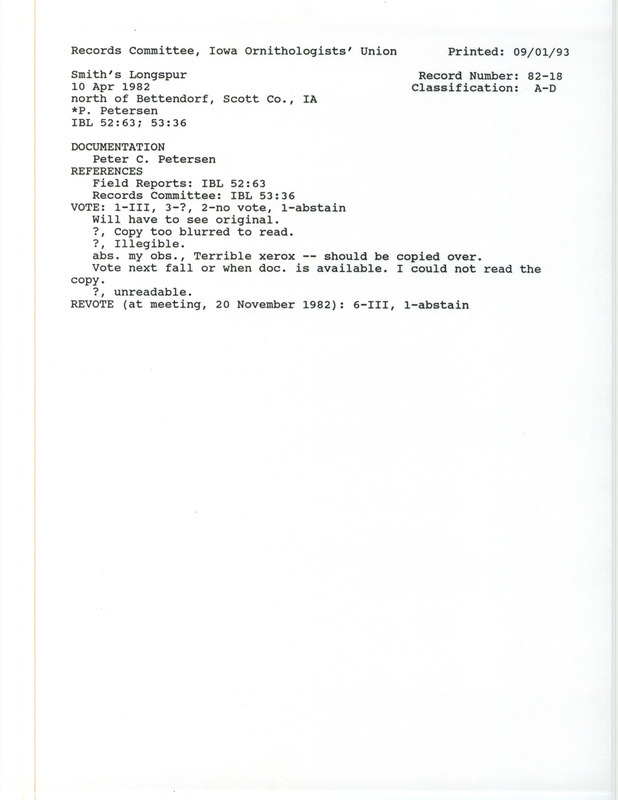 Records Committee review for three Smith's Longspurs northeast of the junction of I-80 and Middle Rd. near Bettendorf in Scott County, IA on April 10, 1982. Includes a record review document with votes and a documentation form submitted to the committee.