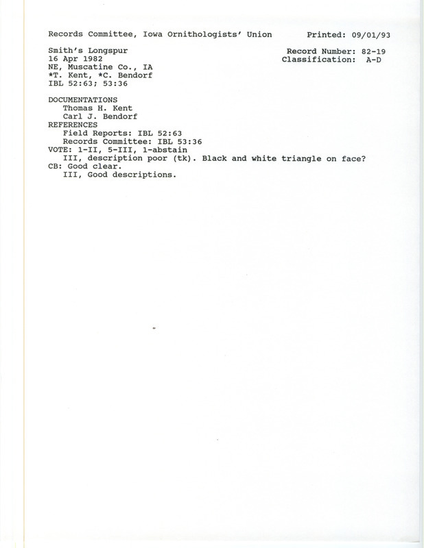 Records Committee review for an estimated fifty Smith's Longspurs near West Liberty in Muscatine County, IA on April 16, 1982. Includes a record review document with votes, a summary of the review, and two documentation forms submitted to the committee.