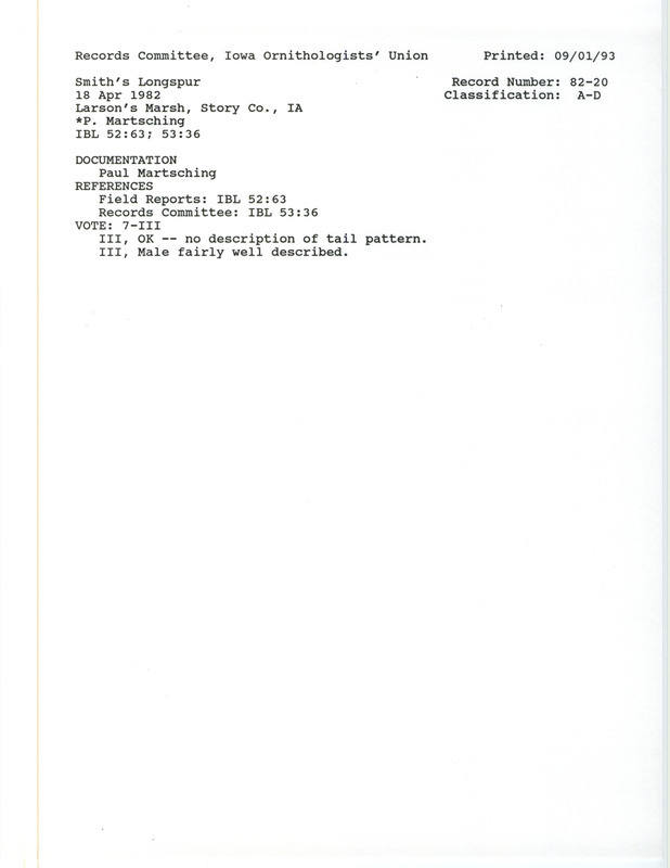 Records Committee review for two or three Smith's Longspurs at Larson March in Story County, IA on April 18, 1982. Includes a record review document with votes, a summary of the review, and a documentation form submitted to the committee.