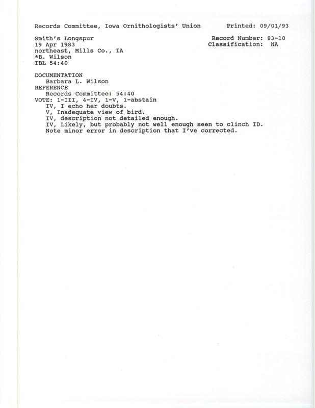 Records Committee review for a Smith's Longspur at Anderson Township in Mills County, IA on February 19, 1983. Includes a record review document with votes and a documentation form submitted to the committee.