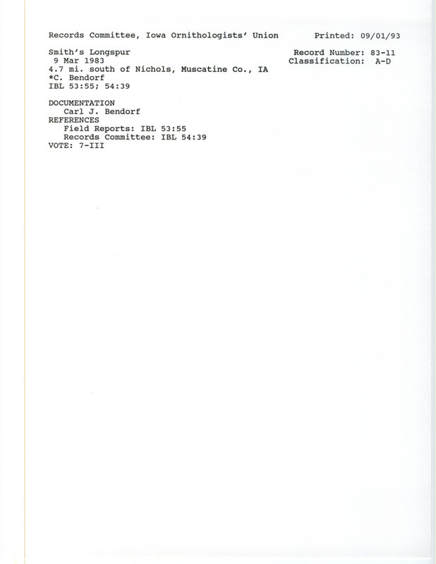 Records Committee review for twenty Smith's Longspurs south of Nichols in Muscatine County, IA on March 9, 1983. Includes a record review document with votes and a documentation form submitted to the committee.