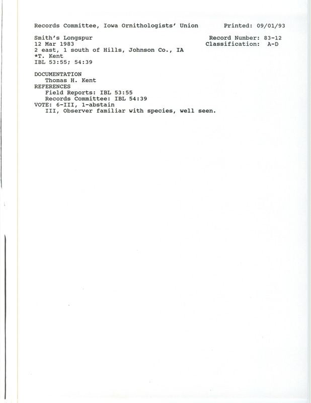 Records Committee review for two hundred Smith's Longspurs southeast of Hills in Johnson County, IA on March 12, 1983. Includes a record review document with votes and a documentation form submitted to the committee.