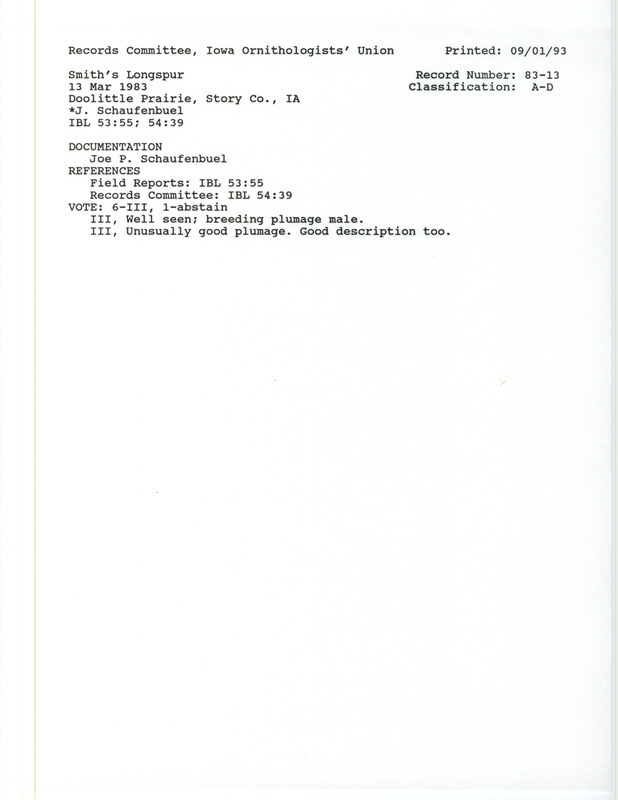 Records Committee review for one to two Smith's Longspurs at Doolittle Prairie in Story County, IA on March 13, 1983. Includes a record review document with votes and a documentation form submitted to the committee.