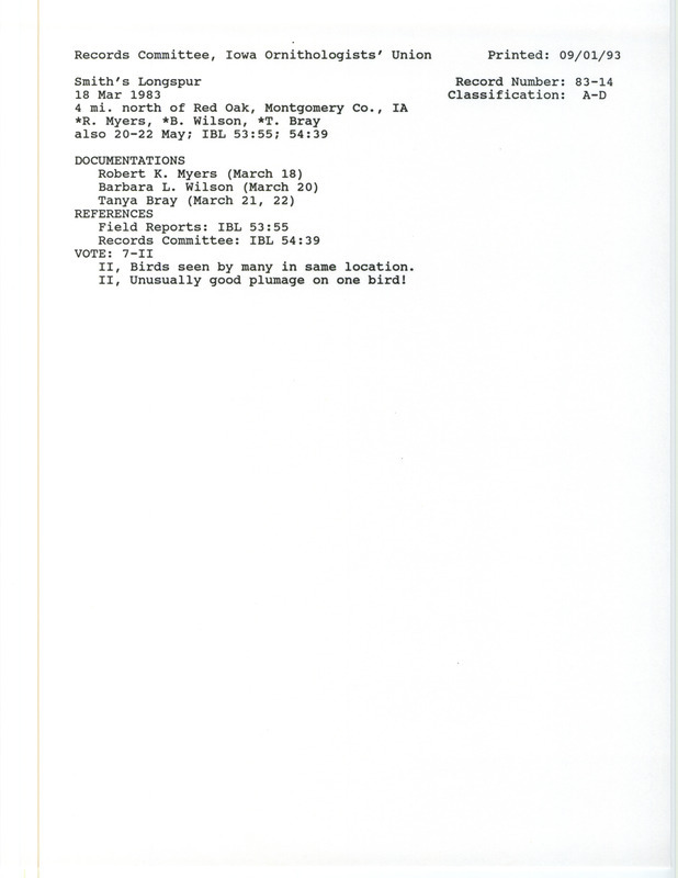 Record Committee review for approximately thirty Smith's Longspurs north of Red Oak in Montgomery County, IA on March 18, 1983. Includes a record review document with votes and three documentation forms submitted to the committee.