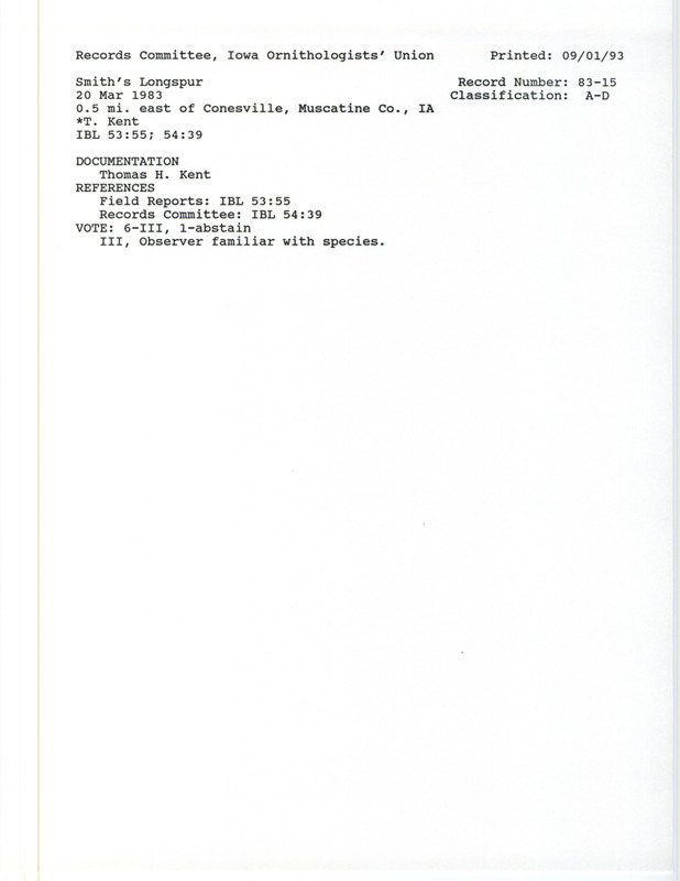 Records Committee review for eight Smith's Longspurs east of Conesville in Muscatine County, IA on March 20, 1983. Includes a record review document with votes and a documentation form submitted to the committee.