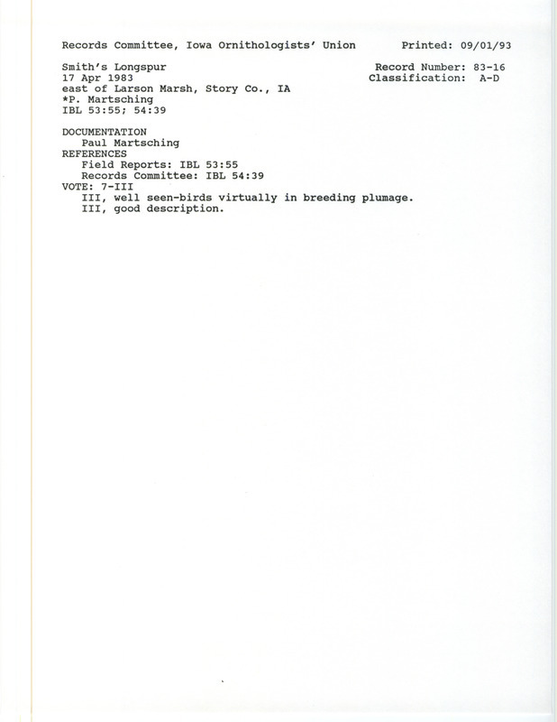 Records Committee review for eight or more Smith's Longspurs east of Larson March in Story County, IA on April 17, 1983. Includes a record review document with votes, a summary of the review, and a documentation form submitted to the committee.