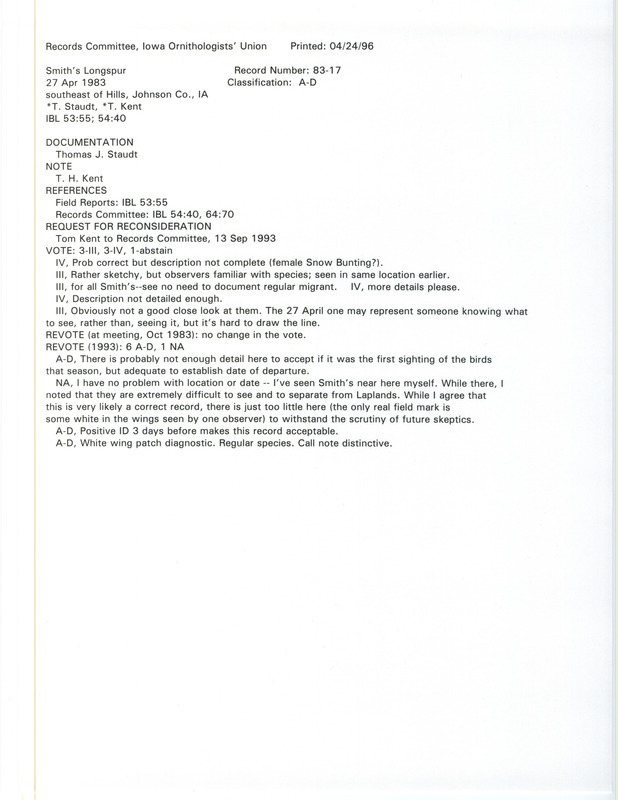 Records Committee review for thirty-three Smith's Longspurs southeast of Hills in Johnson County, IA on April 27, 1983. Includes a record review document with votes, a request for reconsideration of record, a summary of the review, field notes, and a documentation form submitted to the committee.