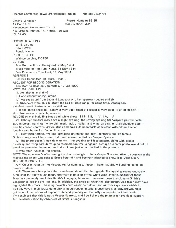 Records Committee review for a Smith's Longspur near Pocahontas in Pocahontas County, IA on December 17, 1983. Includes a record review document with votes, a request for reconsideration of record, correspondence relevant to bird sighting and review, a photograph, and three documentations submitted to the committee.