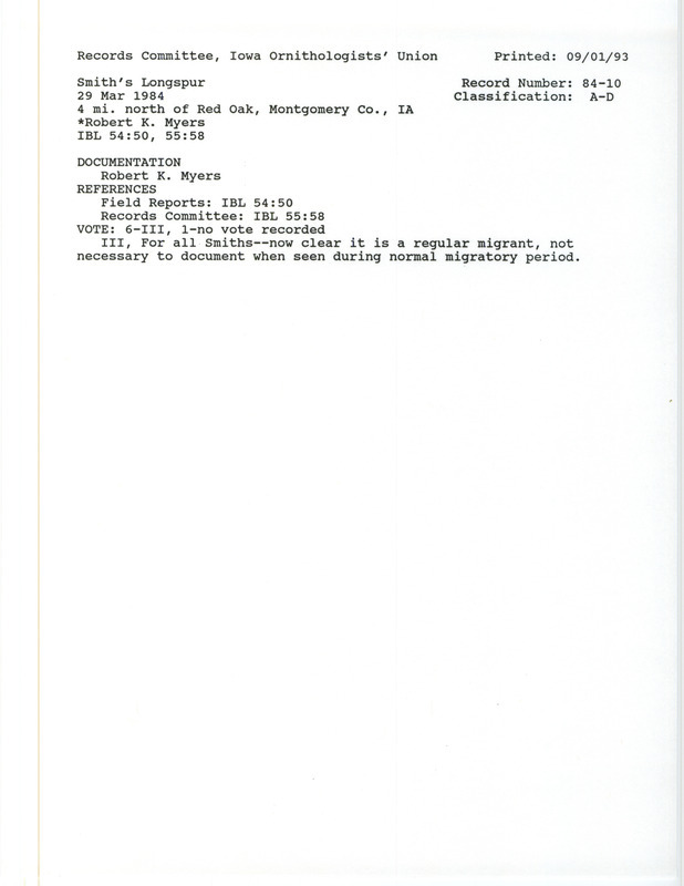 Records Committee review for two to ten Smith's Longspurs west of Essex in Page County, IA on March 29, 1984. Includes a record review document with votes, summary of the review and a documentation form submitted to the committee.