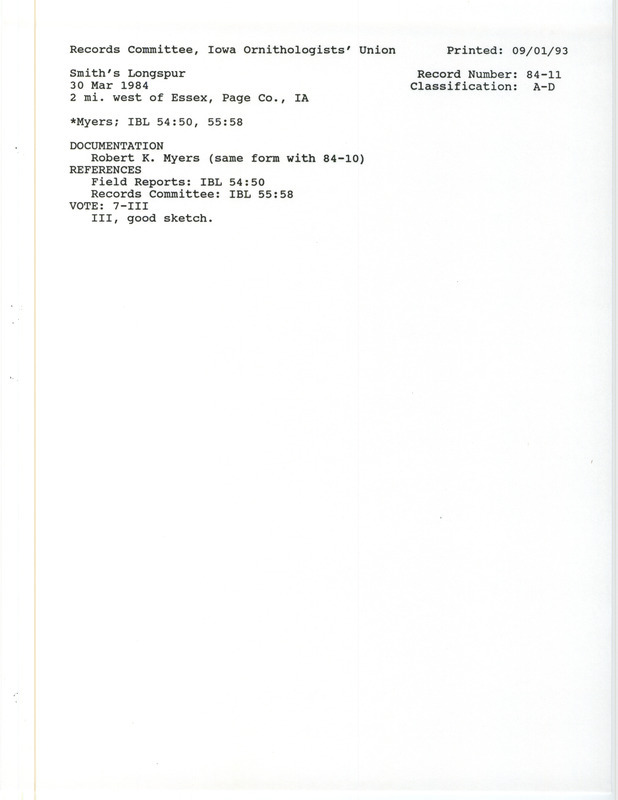 Records Committee review for two to ten Smith's Longspurs west of Essex in Page County, IA on March 29, 1984. Includes a record review document with votes, a summary of the review, and a documentation form submitted to the committee.