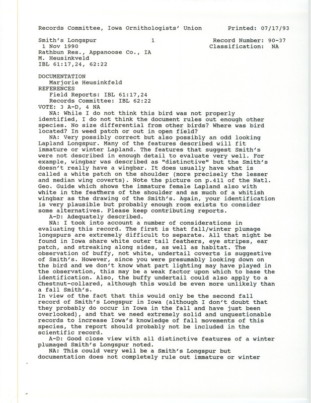 Records Committee review for a Smith's Longspur east of Island View Park at Rathbun Lake in Appanoose County, IA on November 1, 1990. Includes a record review document with votes and a documentation form submitted to the committee.