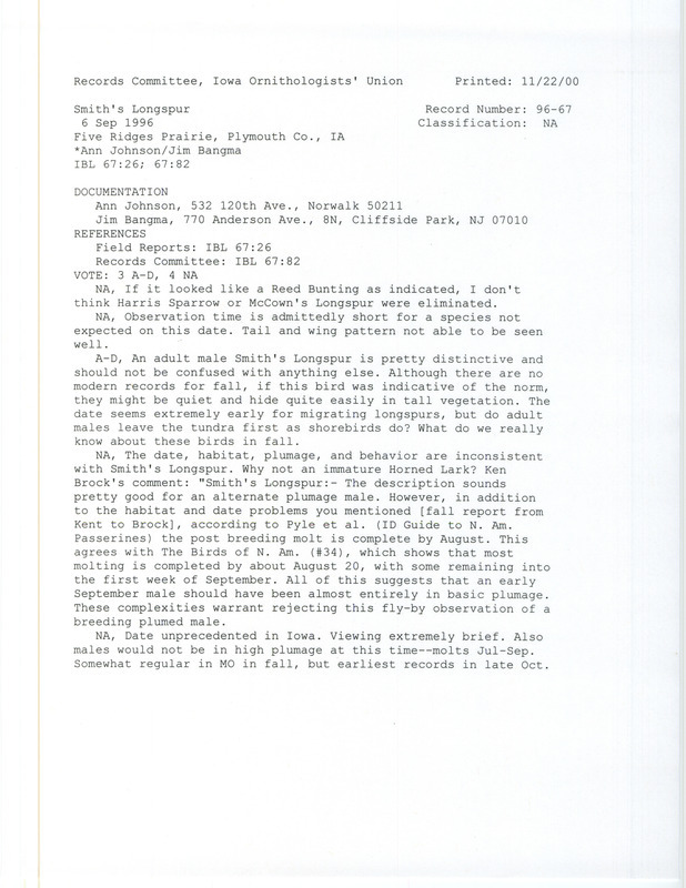 Records Committee review for a Smith's Longspur at Five Ridges Prairie in Plymouth County, IA on September 6, 1996. Includes a record review document with votes and a documentation form submitted to the committee.