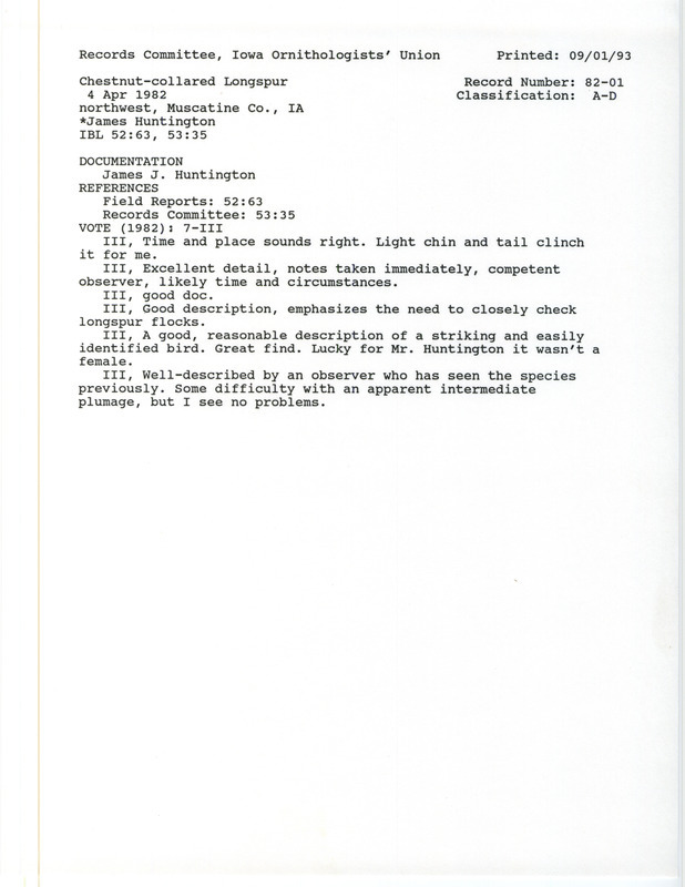 Records Committee review for a Chestnut-collared Longspur at Wapsinonoc Township in Muscatine County, IA on April 4, 1982. Includes a record review document with votes, a summary of the review, field notes, and a documentation form submitted to the committee with a letter attachment.