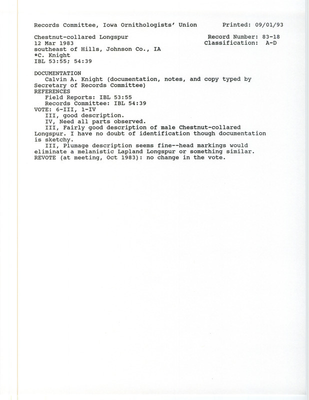 Records Committee review for a Chestnut-collared Longspur southeast of Hills in Johnson County, IA on March 12, 1983. Includes a record review document with votes, a summary of the review, typed copies of documents, field notes, and a documentation form submitted to the committee.