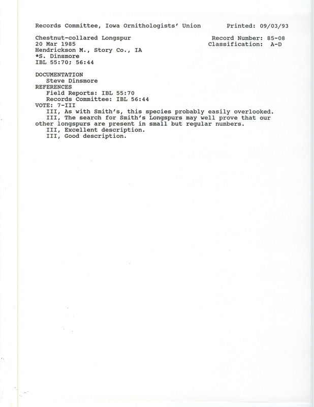 Records Committee review for two Chestnut-collared Longspurs north of Hendrickson March in Story County, IA on March 20, 1985. Includes a record review document with votes, a summary of the review, and a documentation form submitted to the committee.