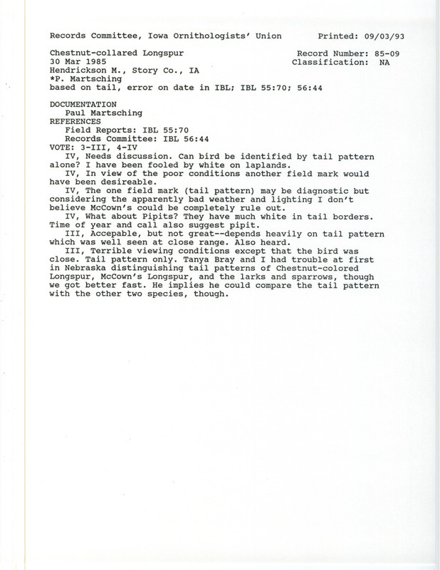 Records Committee review for a Chestnut-collared Longspur west of Hendrickson March in Story County, IA on March 30, 1985. Includes a record review document with votes, a summary of the review, and a documentation form submitted to the committee.