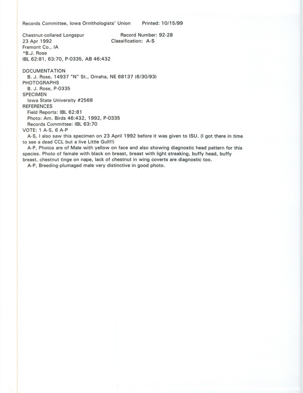 Records Committee review for twenty-five Chestnut-collared Longspurs south of Percival in Fremont County, IA on April 23, 1992. Includes a record review document with votes, five photographs, an article in American Birds, and a documentation form submitted to the committee.