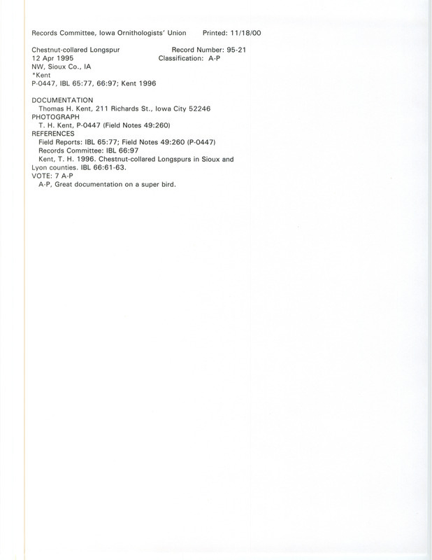 Records Committee review for a Chestnut-collared Longspur at northwest Sioux County, IA on April 12, 1995. Includes a record review document with votes, a photograph, an article in Iowa Bird Life, an article in Field Notes, and a documentation form submitted to the committee.