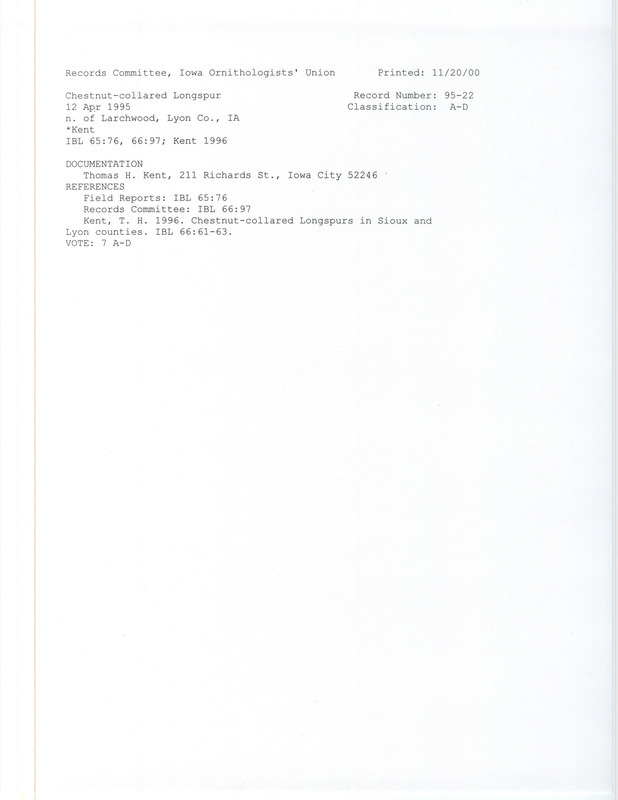 Records Committee review for a Chestnut-collared Longspur north of Larchwood in Lyon County, IA on April 12, 1995. Includes a record review document with votes and a documentation form submitted to the committee.