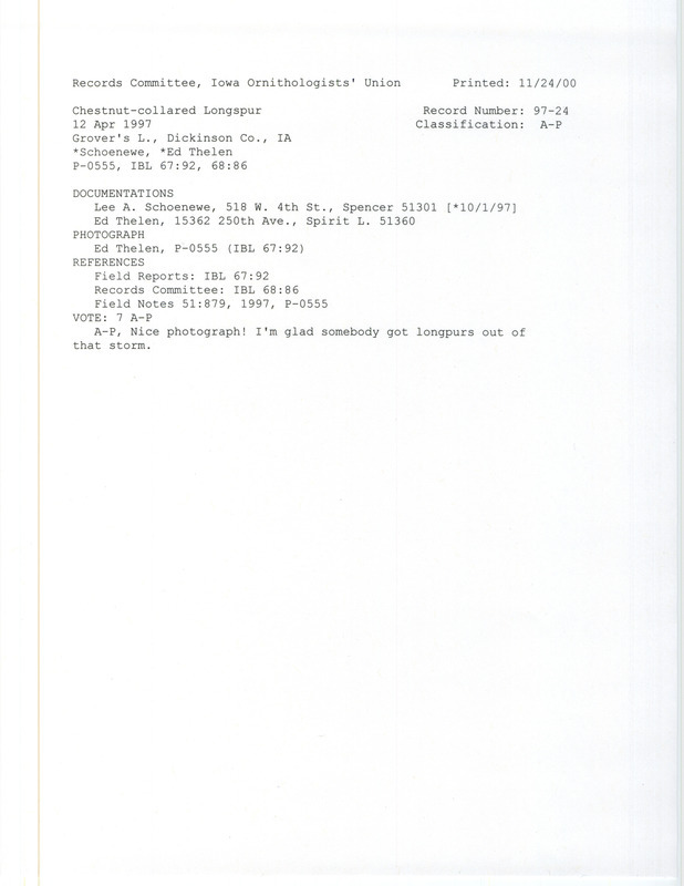 Records Committee review for a Chestnut-collared Longspur south of Grovers Lake in Dickinson County, IA on April 12, 1997. Includes a record review document with votes, a photograph in Iowa Bird Life, an article in Field Notes, a photograph, and two documentation forms submitted to the committee.