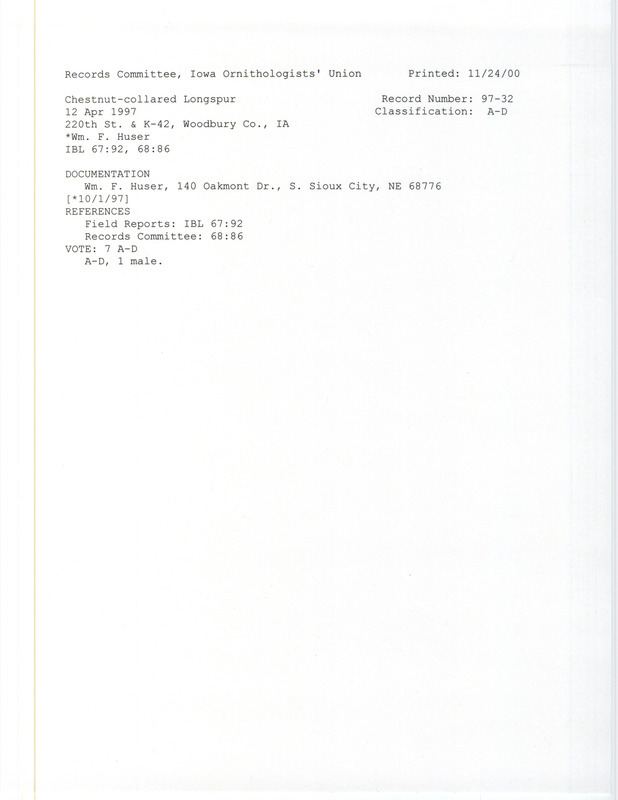 Records Committee for a Chestnut-collared Longspur at Floyd Township in Woodbury County, IA on April 12, 1997. Includes a record review document with votes and a documentation form submitted to the committee.