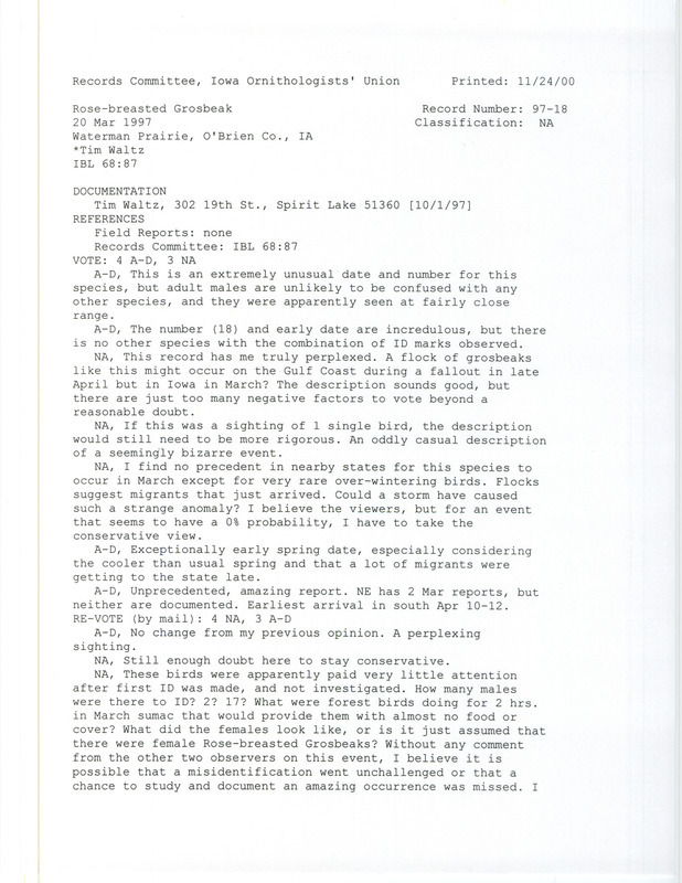 Records Committee review for eighteen Rose-breasted Grosbeaks at Waterman Prairie in O'Brien County, IA on March 20, 1997. Includes a record review document with votes, a letter from Tom Kent to Ed Thelen, and a documentation form submitted to the committee.