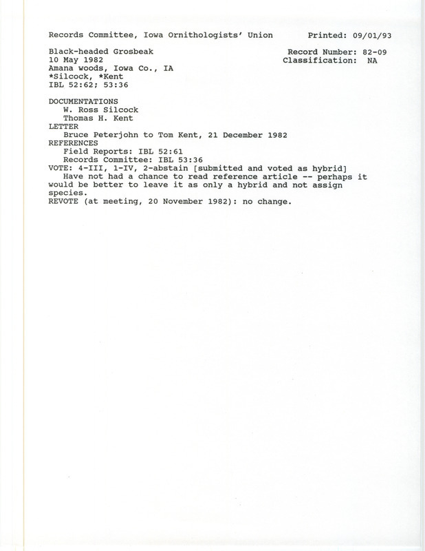 Records Committee review for a Black-headed Grosbeak at Amana Woods in Iowa County, IA on May 10, 1982. Includes a record review document with votes, a letter from Bruce Peterjohn to Tom Kent, and two documentation forms submitted to the committee.