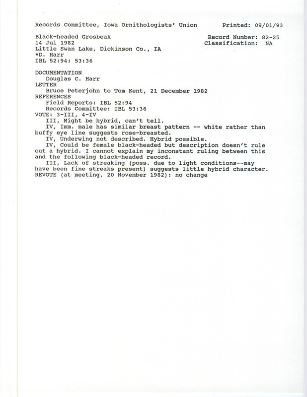 Records Committee review for a Black-headed Grosbeak at Little Swan Lake in Dickinson County, IA on July 14, 1982. Includes a record review document with votes, a summary of the review, a letter from Bruce Peterjohn to Tom Kent, and a documentation form submitted to the committee.