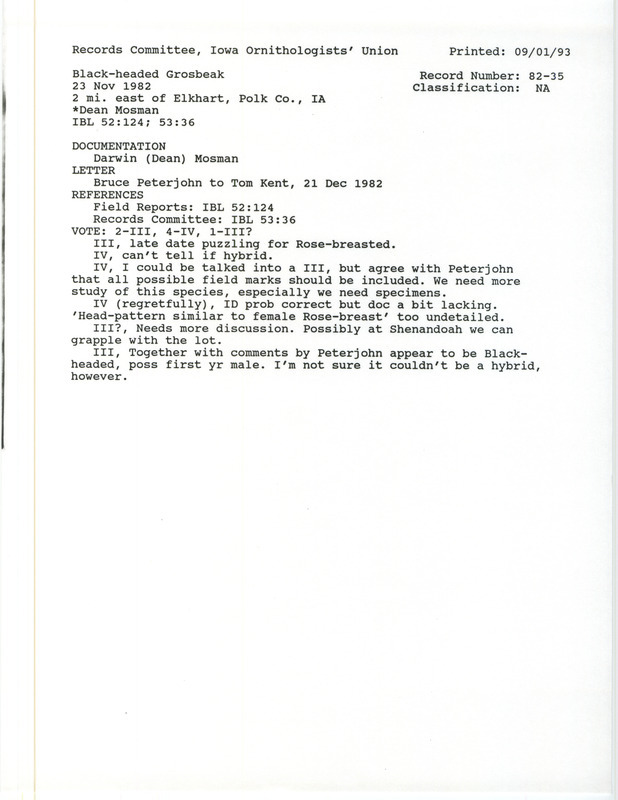 Records Committee review for a Black-headed Grosbeak at Elkhart in Polk County, IA on November 23, 1982. Includes a record review document with votes, a letter from Bruce Peterjohn to Tom Kent, a summary of the review, and a documentation form submitted to the committee.