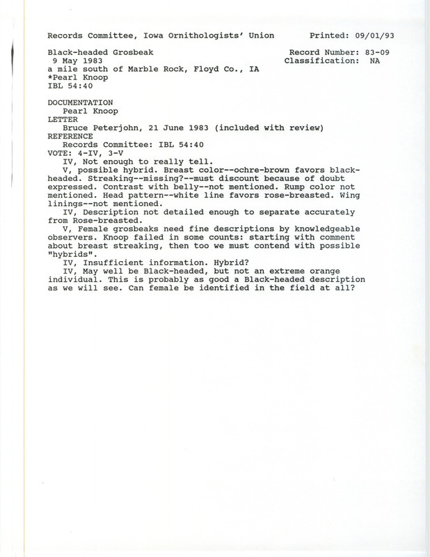 Records Committee review for a Black-headed Grosbeak at Marble Rock in Floyd County, IA on May 9, 1983. Includes a record review document with votes, a letter from Bruce Peterjohn to Tom Kent, a summary of the review, and a documentation form submitted to the committee.