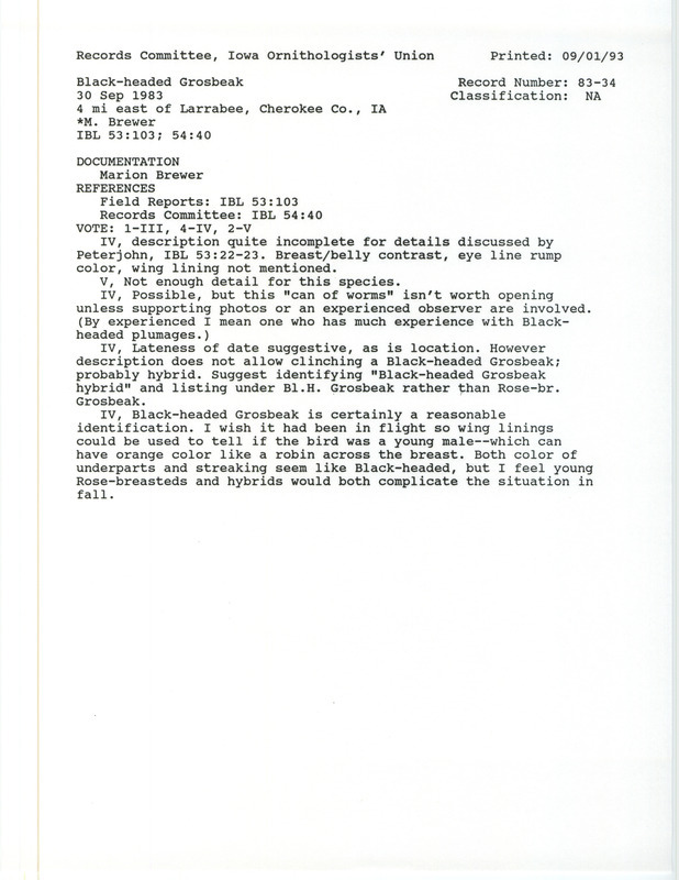 Records Committee review for a Black-headed Grosbeak at Larrabee in Cherokee County, IA on September 30, 1983. Includes a record review document with votes, a summary of the review, and a documentation form submitted to the committee.