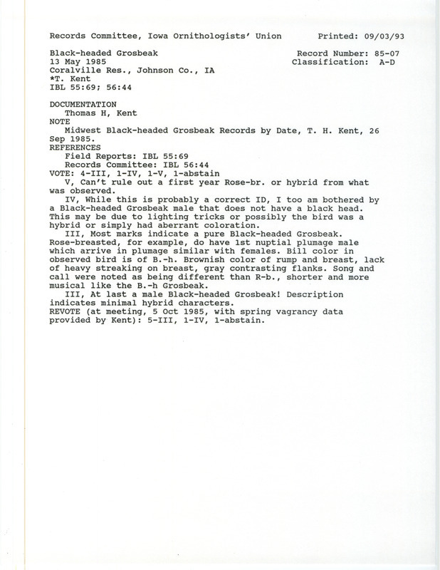 Records Committee review for a Black-headed Grosbeak at Coralville Reservoir in Johnson County, IA on May 13, 1985. Includes a record review document with votes, Midwest Black-headed Grosbeak records by date, and a documentation form submitted to the committee.