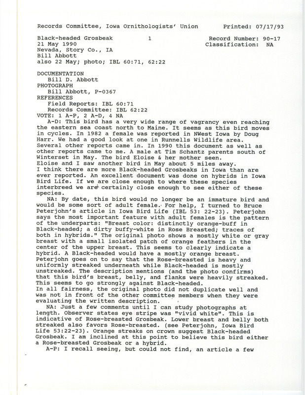 Records Committee review for a Black-headed Grosbeak at Nevada in Story County, IA on May 21, 1990. Includes a record review document with votes, a photo and a documentation form submitted to the committee.