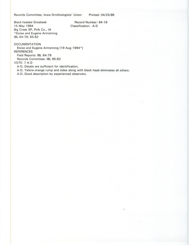 Records Committee review for a Black-headed Grosbeak at Big Creek State Park in Polk County, IA on May 15, 1994. Includes a record review document with votes and a documentation form submitted to the committee.