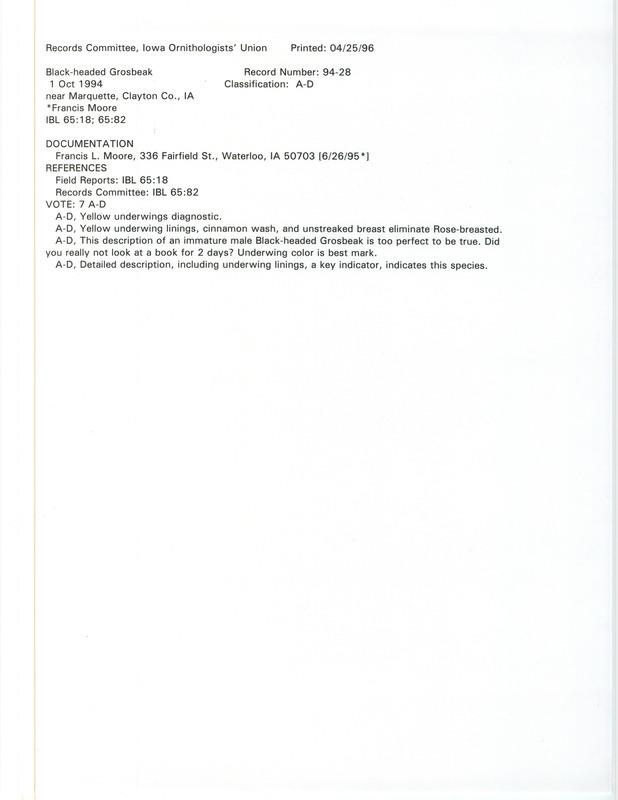 Records Committee review for a Black-headed Grosbeak at Marquette in Clayton County, IA on October 1, 1994. Includes a record review document with votes and a documentation form submitted to the committee.