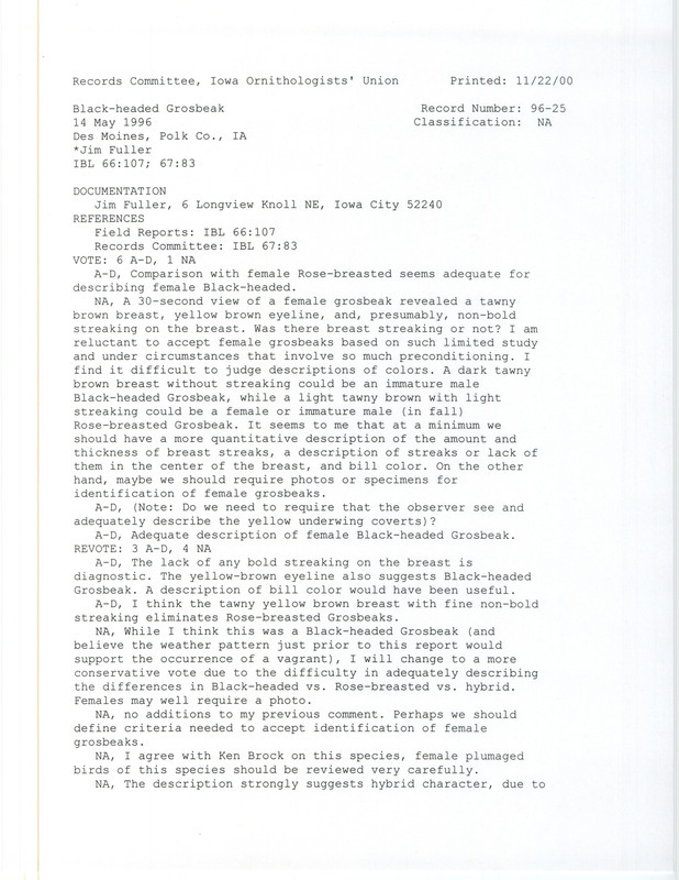 Records Committee review for a Black-headed Grosbeak at Des Moines in Polk County, IA on May 14, 1996. Includes a record review document with votes and a documentation form submitted to the committee.