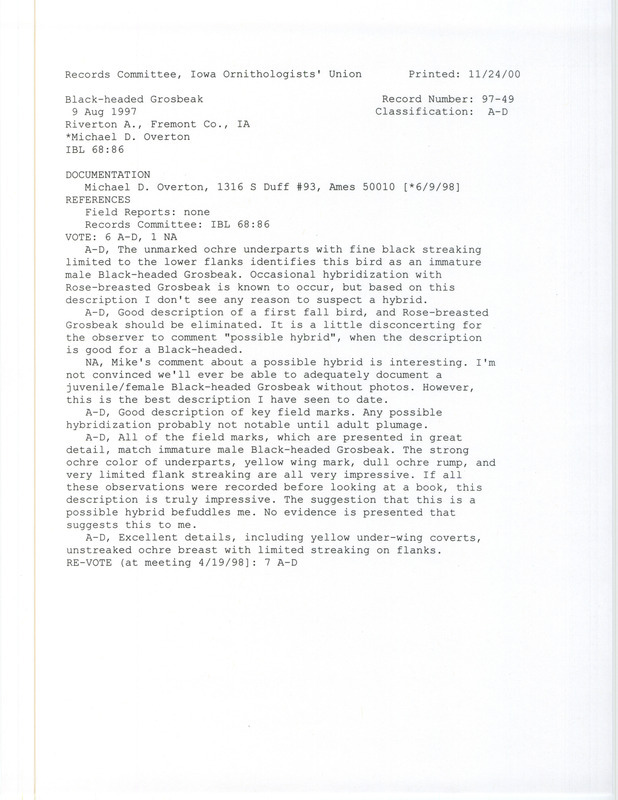 Records Committee review for a Black-headed Grosbeak at Riverton Wildlife Area in Fremont County, IA on August 9, 1997. Includes a record review document with votes and a documentation form submitted to the committee.